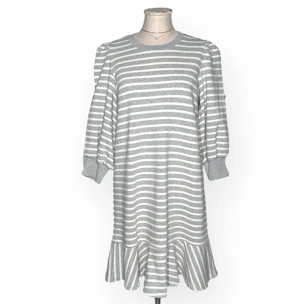 New $219 KATE SPADE Sailing Stripe Sweatshirt Dress Ruffle Flounce Sundress Gray